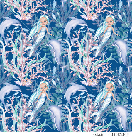 A seamless pattern featuring a mermaid, corals, dolphins, and seaweed on a blue background. A fairytale-style watercolor illustration for nautical-themed interiors, pool designs, and children's rooms. A seamless pattern featuring a mermaid, corals, dolphins, and seaweed on a blue background. A fairytale-style watercolor illustration for nautical-themed interiors, pool designs, and children's rooms. 133085305