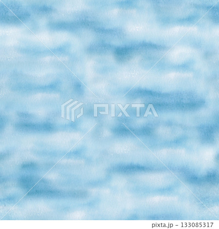 A seamless background pattern of blue watercolor spots. This watercolor illustration is perfect for projects, such as nautical-themed interiors, swimming pools, and children's rooms. 133085317