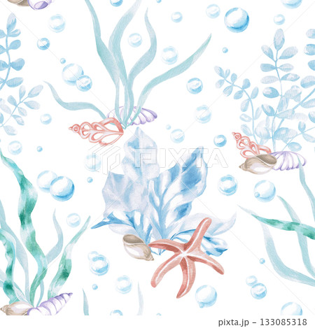 A seamless pattern with stylized seaweed, shells, and starfish. A fairytale-style watercolor illustration perfect for decorating children's rooms, swimming pools, and printing on fabric and clothing. A seamless pattern with stylized seaweed, shells, and starfish. A fairytale-style watercolor illustration perfect for decorating children's rooms, swimming pools, and printing on fabric and clothing. 133085318