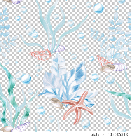 A seamless pattern with stylized seaweed, shells, and starfish. A fairytale-style watercolor illustration perfect for decorating children's rooms, swimming pools, and printing on fabric and clothing. A seamless pattern with stylized seaweed, shells, and starfish. A fairytale-style watercolor illustration perfect for decorating children's rooms, swimming pools, and printing on fabric and clothing. 133085318