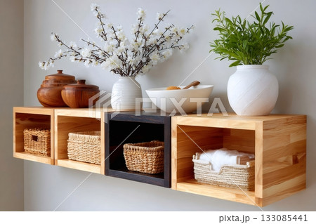 Modern rustic storage shelves presenting home decor elements 133085441