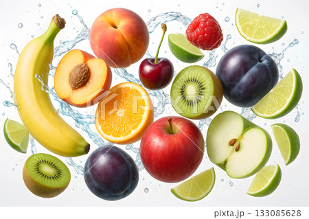Falling Juicy Fruits with Water Splashes Suspended in Midair Against a Dark Backdrop Emphasizing Freshness Motion and Vibrant Color for Health and Summer Visuals 133085628