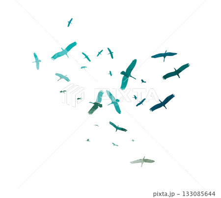 Silhouette of a flock of cranes. Hand drawn. Not AI, vector illustration. 133085644