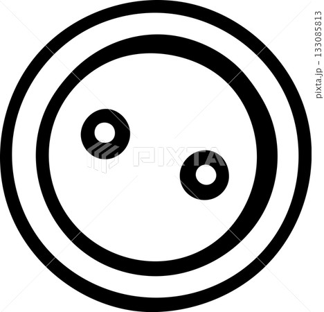 Hand-drawn black and white icon of a round sewing button, sketch style illustration for embroidery and tailoring accessories. Simple doodle for craft and DIY fashion projects 133085813