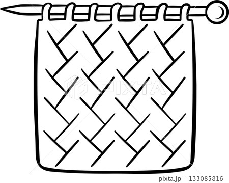 Simple black and white icon doodle, knitting process, sketch style. Minimalist illustration of yarn tool for handmade crafts and creative hobbies 133085816
