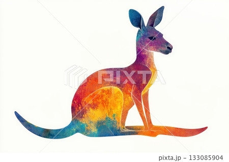 Vibrant kangaroo silhouette against a white background showcasing colorful artistic design with deep blues, oranges, and purples representing the Australian wildlife essence Vibrant kangaroo silhouette against a white background showcasing colorful artistic design with deep blues, oranges, and purples representing the Australian wildlife essence 133085904