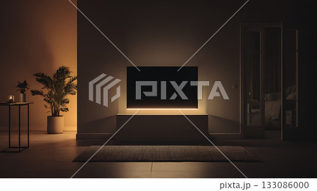 Minimalist living room at night with flat-screen TV backlit by warm glow. Simple design with plants, rug and ambient lighting. Everyday technology in modern home interior 133086000