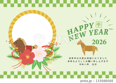 午年 馬年 年賀状テンプレート 馬の干支置物と花の写真入り年賀状 午年 馬年 年賀状テンプレート 馬の干支置物と花の写真入り年賀状 133086088