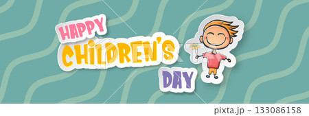 World childrens day wide banner with little funny cute boy isolated on abstract blue background. Vector happy world childrens day poster concept with funny cartoon smiling child. 20 november kids day 133086158