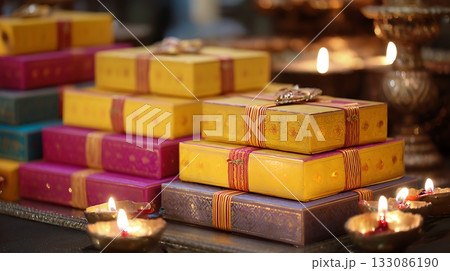 Stacked yellow and magenta Diwali gift boxes with golden patterns with glowing oil lamps. Festive and traditional holiday celebration concept 133086190
