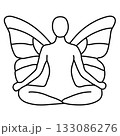 Fairy yoga woman with butterfly wings in lotus pose, spiritual meditation symbol of balance, energy, peace, harmony, and magic. Vector illustration 133086276