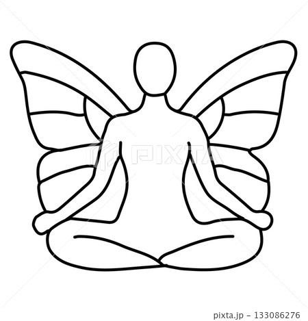 Fairy yoga woman with butterfly wings in lotus pose, spiritual meditation symbol of balance, energy, peace, harmony, and magic. Vector illustration 133086276