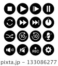 Media control buttons set, play, pause, stop, record, repeat, sound, and shuffle icons for interface, technology, and UI design. Vector illustration 133086277