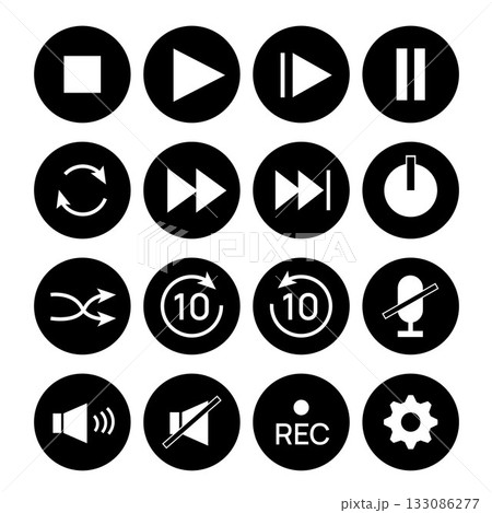 Media control buttons set, play, pause, stop, record, repeat, sound, and shuffle icons for interface, technology, and UI design. Vector illustration 133086277