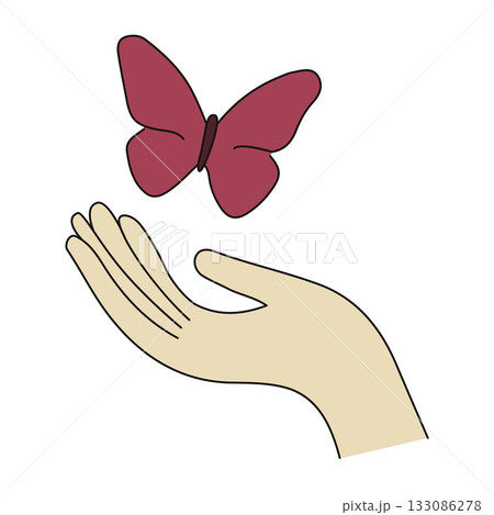 Gentle hand releasing butterfly, minimalist illustration of freedom, transformation, peace, spring nature, and mindfulness concept. Vector illustration 133086278