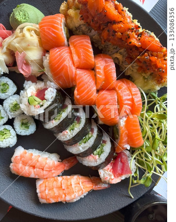 Sushi Plate, Fish Maki Rolls, Japan Seafood 133086356