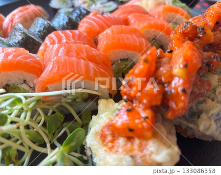 Sushi Plate, Fish Maki Rolls, Japan Seafood Sushi Plate, Fish Maki Rolls, Japan Seafood 133086358