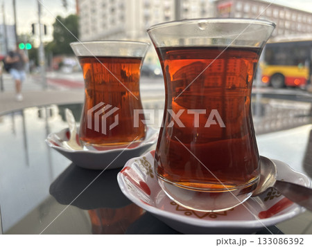 Turkish Tea on a Street Cafe Table, Traditional Arabic Cup in Restaurant, Black Tea Drinking 133086392