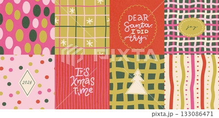 Quirky Christmas cards set. Modern abstract geometric design with stripes, dots and funny lettering quotes. Trendy hand drawn illustration for season banner, poster, cover. Vector illustration. 133086471