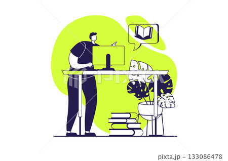 Online education web concept with flat people for website design. Man student learning at computer, reading digital books, using library services and gets information for lessons. Vector illustration. 133086478