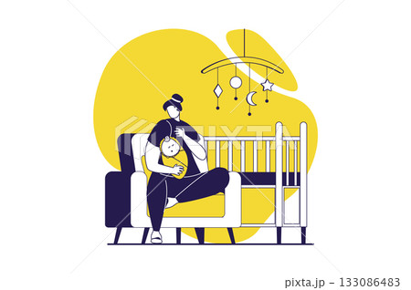 Family with newborn baby web concept with flat people for website design. Young mother cuddling her infant child, taking care little kid and preparing to sleeping in bedroom. Vector illustration. Family with newborn baby web concept with flat people for website design. Young mother cuddling her infant child, taking care little kid and preparing to sleeping in bedroom. Vector illustration. 133086483