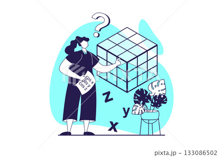 Mental mindset types web concept with flat people for website design. Woman with analytical, structural and mathematical mind solving problem and logical puzzle, doing research. Vector illustration. 133086502