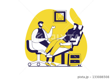 Medical clinic web concept with flat people for website design. Woman visiting dentist office, getting doctor consultation in chair, dental disease diagnostics and teeth checkup. Vector illustration. 133086508