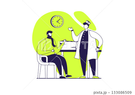 Medical clinic web concept with flat people for website design. Sick man visiting therapist office, getting doctor consultation, diagnostics disease and therapy prescription. Vector illustration. Medical clinic web concept with flat people for website design. Sick man visiting therapist office, getting doctor consultation, diagnostics disease and therapy prescription. Vector illustration. 133086509