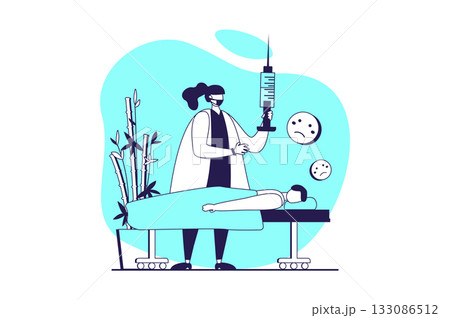 Medical clinic web concept with flat people for website design. Doctor making vaccination with syringe, doing prevention treatment procedure to patient diseases protection. Vector illustration. 133086512