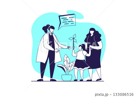 Medical clinic web concept with flat people for website design. Mother and daughter visiting pediatrician, getting doctor consultation, diagnostics, prescription and treatment. Vector illustration. 133086516