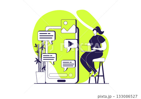Marketing web concept with flat people for website design. Woman chatting and posting in blog, attracting new customers, doing advertising campaigns, getting client feedback. Vector illustration. Marketing web concept with flat people for website design. Woman chatting and posting in blog, attracting new customers, doing advertising campaigns, getting client feedback. Vector illustration. 133086527