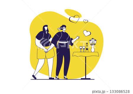 LGBTQ couple web concept with flat people for website design. Two lesbian women dating and spending romantic time together. Girlfriends go on surprise date with champagne drink. Vector illustration. LGBTQ couple web concept with flat people for website design. Two lesbian women dating and spending romantic time together. Girlfriends go on surprise date with champagne drink. Vector illustration. 133086528