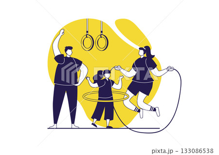 Healthy families web concept with flat people for website design. Mother, father and daughter training together, doing workout with rope jump and hula hoop, gymnastic exercising. Vector illustration. Healthy families web concept with flat people for website design. Mother, father and daughter training together, doing workout with rope jump and hula hoop, gymnastic exercising. Vector illustration. 133086538