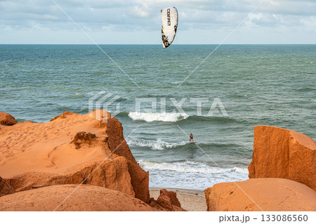 The rock formations at Canoa Quebrada Beach at Canoa Quebrada, state of Ceara, Brazil 133086560