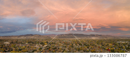 scenic sunrise cloudscape over Fort Collins and foothills of Rocky Mountains, fall scenery scenic sunrise cloudscape over Fort Collins and foothills of Rocky Mountains, fall scenery 133086787