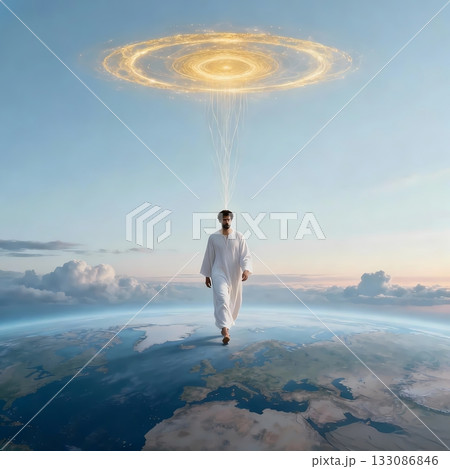 宇宙と交信しながら地球を歩く男性のイラスト 133086846