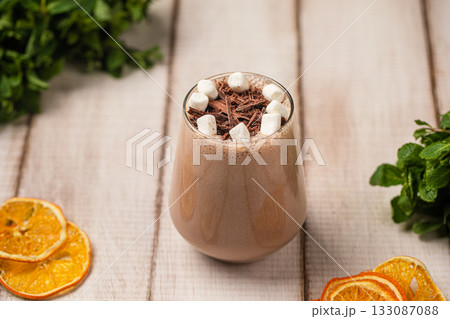 Chocolate milkshake with marshmallows 133087088