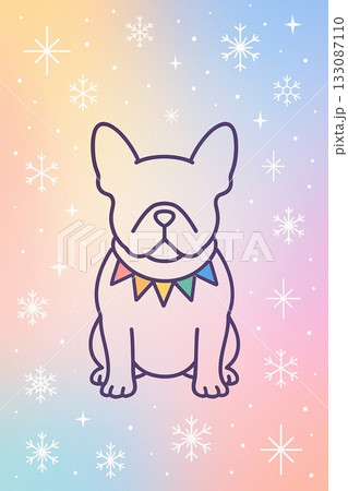 Festive Rainbow French Bulldog Silhouette with Snowflakes and Confetti 133087110
