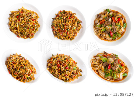 Different types of lagman dishes on white plates Different types of lagman dishes on white plates 133087127