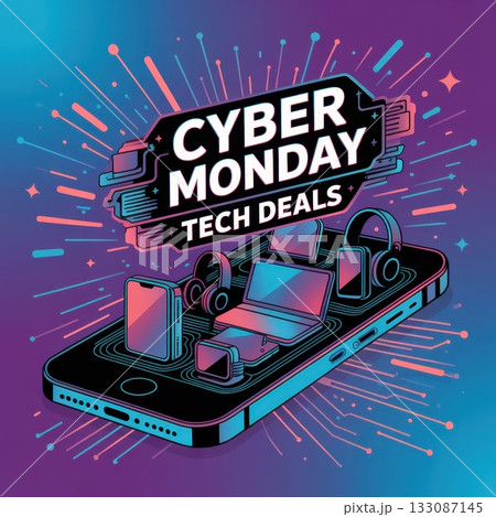 Vibrant Digital Stamp Design Showcasing Cyber Monday Tech Deals With Modern Devices Vibrant Digital Stamp Design Showcasing Cyber Monday Tech Deals With Modern Devices 133087145