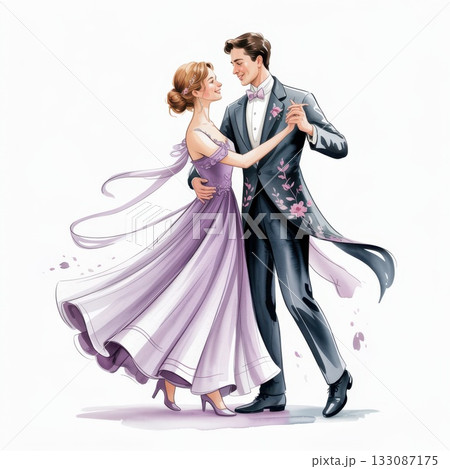 Elegant Couple Dancing in a Delicate Watercolor Illustration With Purple Hues and Graceful Attire Elegant Couple Dancing in a Delicate Watercolor Illustration With Purple Hues and Graceful Attire 133087175