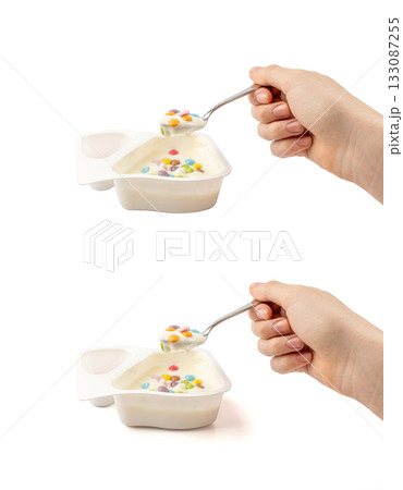 Yogurt cup isolated, yoghurt in plastic pot, milk pudding container, dairy food small package 133087255