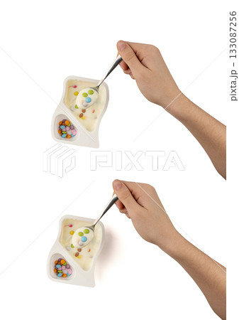 Yogurt cup isolated, yoghurt in plastic pot, milk pudding container, dairy food small package 133087256