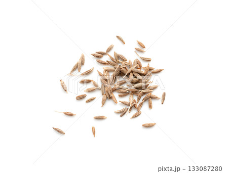 Cumin seed isolated. Caraway or fennel dry seeds close up, zeera macro, Indian cumin or zira grains Cumin seed isolated. Caraway or fennel dry seeds close up, zeera macro, Indian cumin or zira grains 133087280