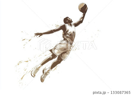 Basketball player performing a high leap to dunk during a game highlighting athleticism and skill in an urban setting at sunset Basketball player performing a high leap to dunk during a game highlighting athleticism and skill in an urban setting at sunset 133087365
