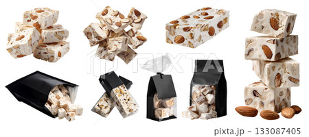 Set of classic almond nuts Nougat, sweet confection paste chewy hard candy, black packaging, pile stack broken cube bar, transparent cutout PNG. Many different flavor. Mockup template design.	 133087405