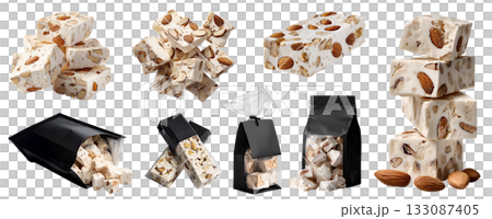 Set of classic almond nuts Nougat, sweet confection paste chewy hard candy, black packaging, pile stack broken cube bar, transparent cutout PNG. Many different flavor. Mockup template design.	 133087405