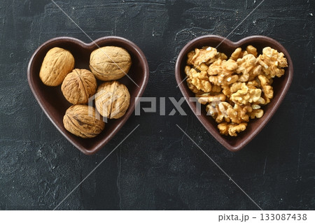 Inshell walnuts in a heart-shaped plate. Heart Nuts, Heart Health Products, Structured Walnuts Healthy food protein 133087438