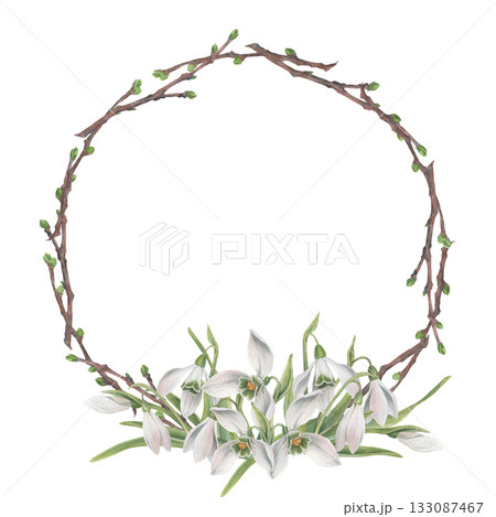 A Round shaped wreath, frame of spring branches and snowdrops. Watercolor illustration hand drawn and isolated on a white background. Ideal for postcards, wedding invitations, textiles, tableware etc A Round shaped wreath, frame of spring branches and snowdrops. Watercolor illustration hand drawn and isolated on a white background. Ideal for postcards, wedding invitations, textiles, tableware etc 133087467