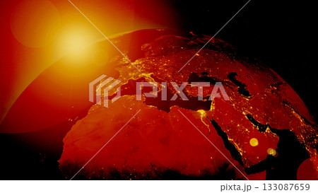 The image shows Earth from space with a focus on its intense heat, highlighting illuminated city areas at night and the bright sunlight shining down on the surface. 133087659